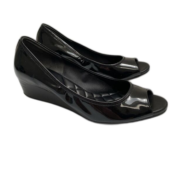 COLE HAAN Women’s black patent leather Open Toe wedge heel Shoes size 9B - Picture 1 of 6